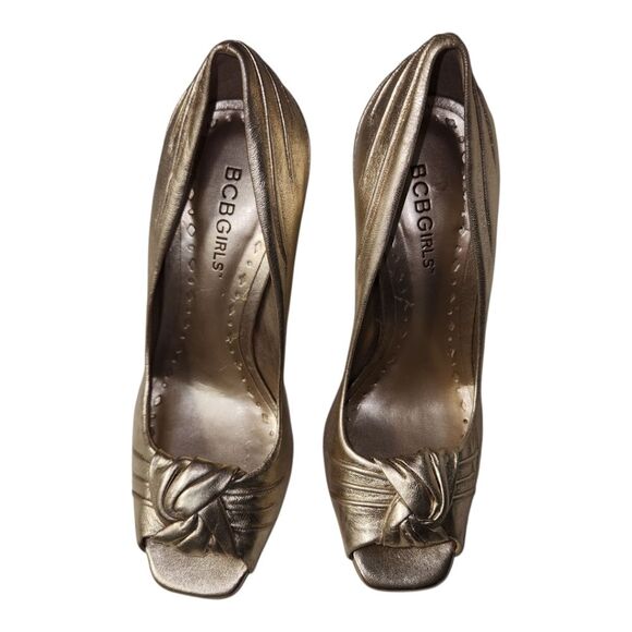 BCBGirls ZAYDA Metallic Gold Peep Toe Retro Genuine Leather Heels Pumps Size 6 - Picture 3 of 5